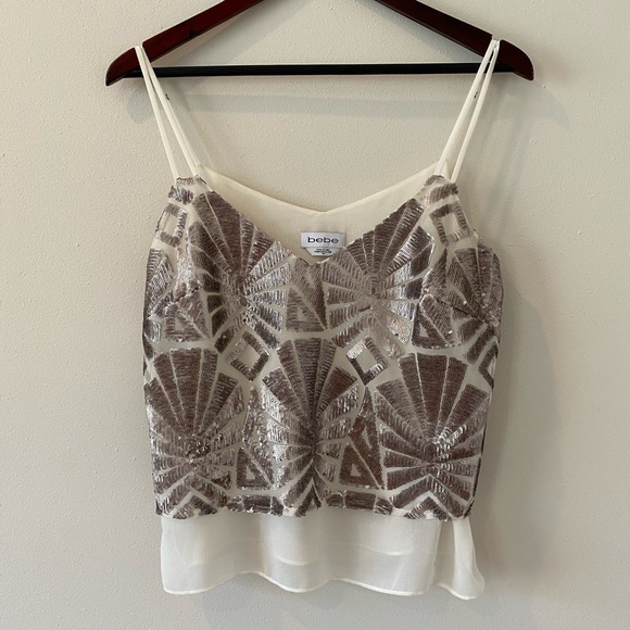 bebe Tops - Bebe Sequin Top Small Camisole Cami Sheer Back Double Layer Adjustable Straps